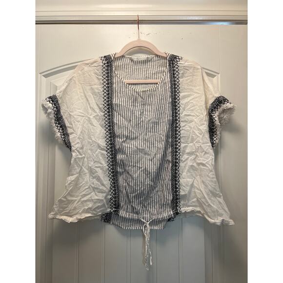 Zara Women’s Trafaluc Embroidered Short Sleeve Boho Blouse Top Sz M‎ White Black - Picture 1 of 3